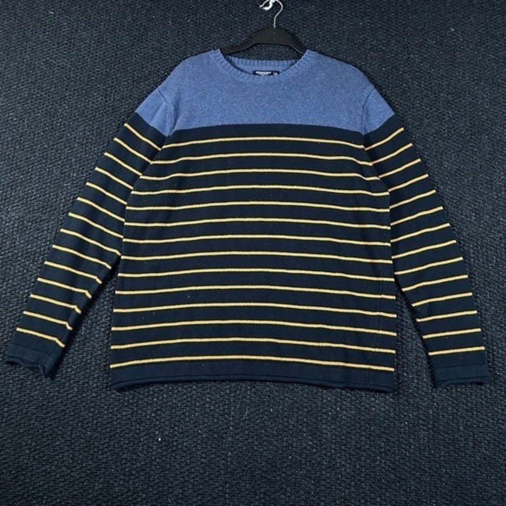 Springfield Mens XL Striped Crewneck Sweater Navy Blue Cotton Knit Pullover‎